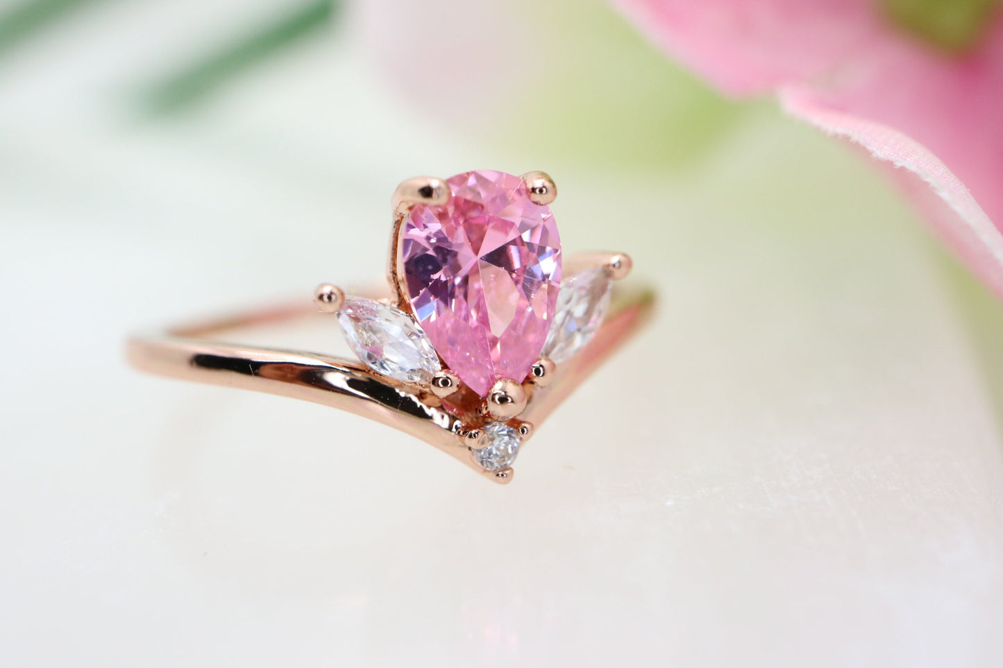 Rose gold pear shape pink sapphire Engagement Ring,  Marquise white sapphire Art deco chevron rose gold engagement wedding ring