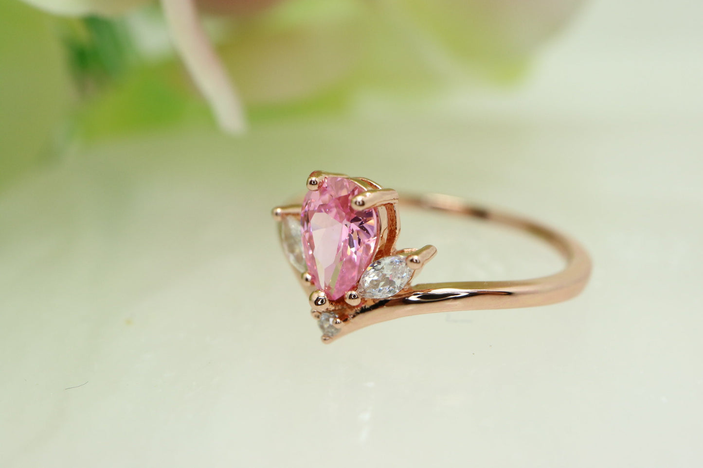 Rose gold pear shape pink sapphire Engagement Ring,  Marquise white sapphire Art deco chevron rose gold engagement wedding ring