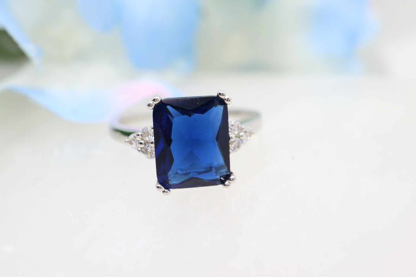 Tanzanite Engagement ring, Tanzanite ring with diamonds, emerald cut three stone cluster ring, purple blue stone, december birthsone