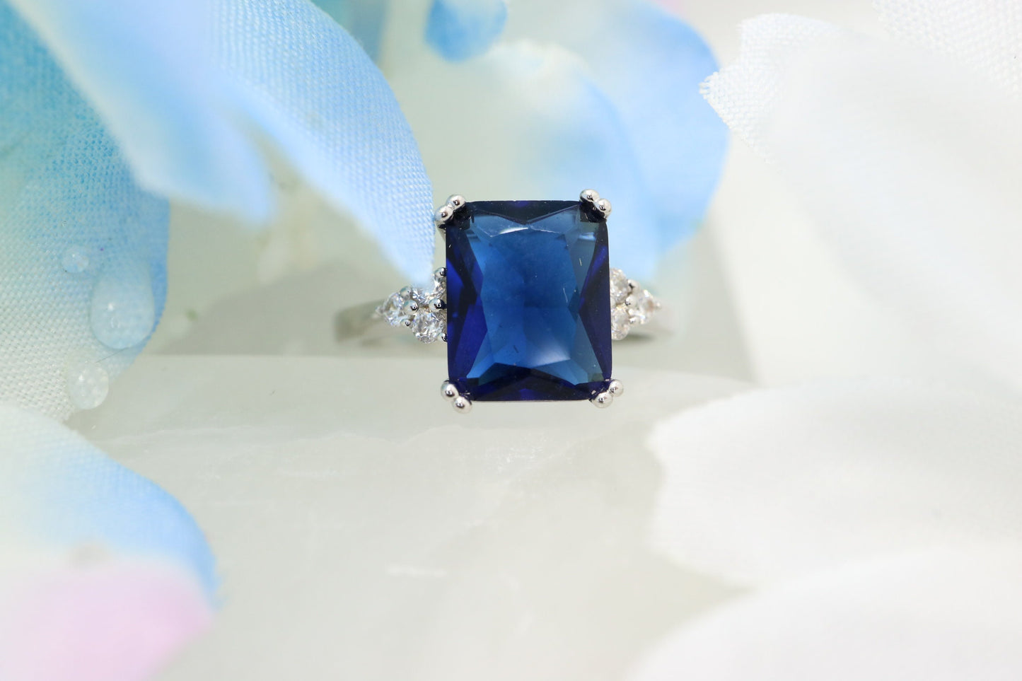 Tanzanite Engagement ring, Tanzanite ring with diamonds, emerald cut three stone cluster ring, purple blue stone, december birthsone