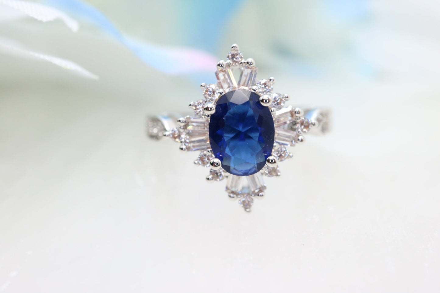 Oval sapphire engagement ring, Oval engagement ring halo, Sapphire vintage ring, Moissanite sapphire ring, Engagement ring for women