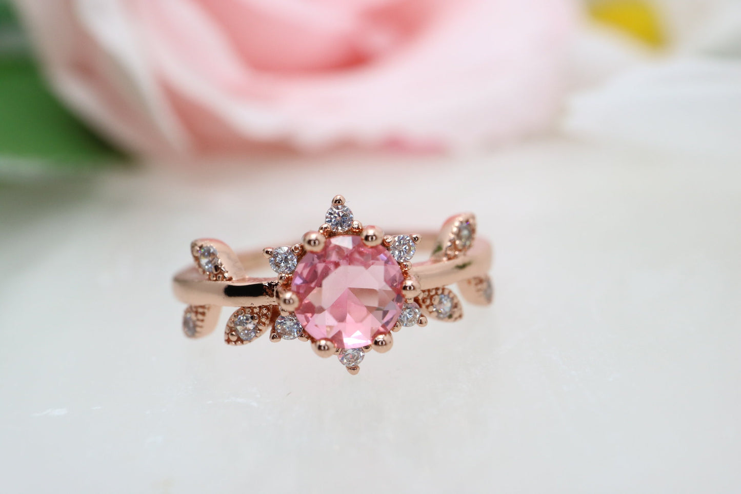 Pink Tourmaline and leaf diamond ring, rose gold engagement ring, Handmade jewelry september birthstone, gifts for her