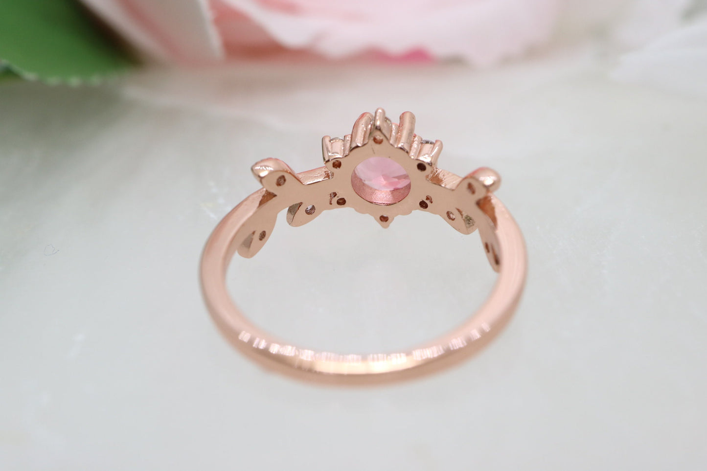 Pink Tourmaline and leaf diamond ring, rose gold engagement ring, Handmade jewelry september birthstone, gifts for her