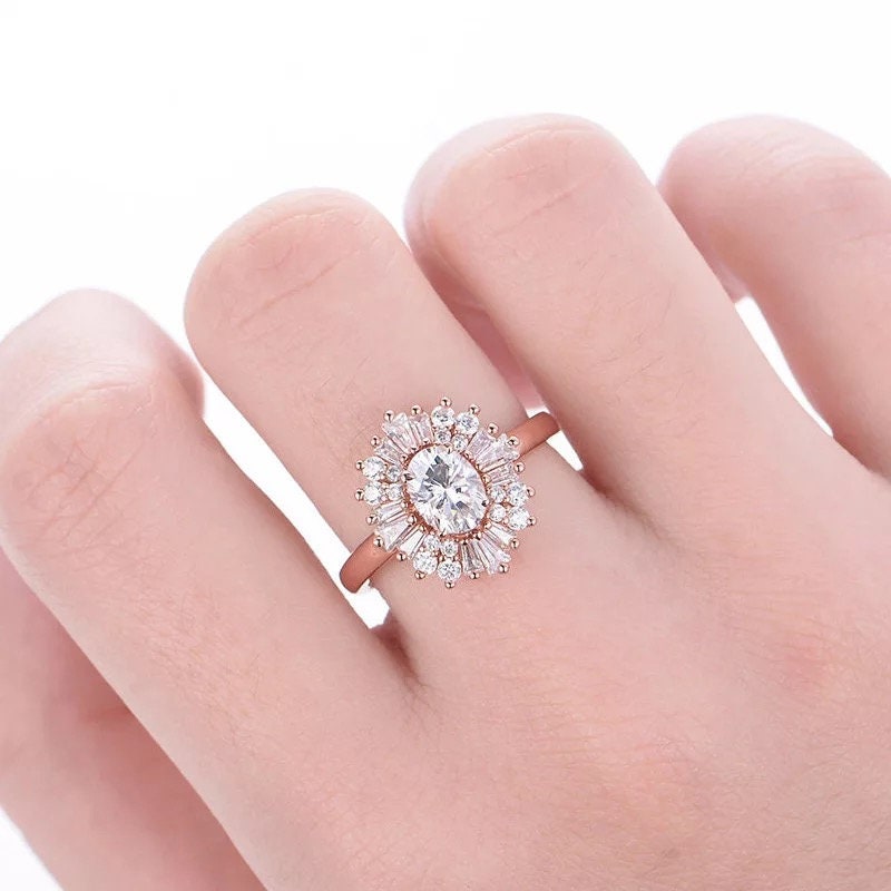 Oval Vintage Baguette Moonstone  Gold and Rose Gold Ring, Anniversary ring