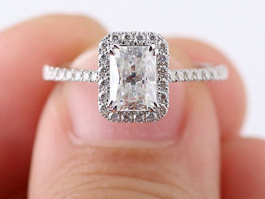 Emerald cut Moissanite engagement ring, White gold vintage unique Cocktail ring, Art deco Bridal wedding women, Anniversary gift for her