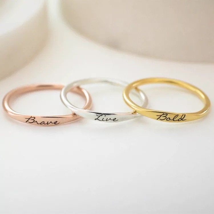 Personalized letter engraved stacking gold ring