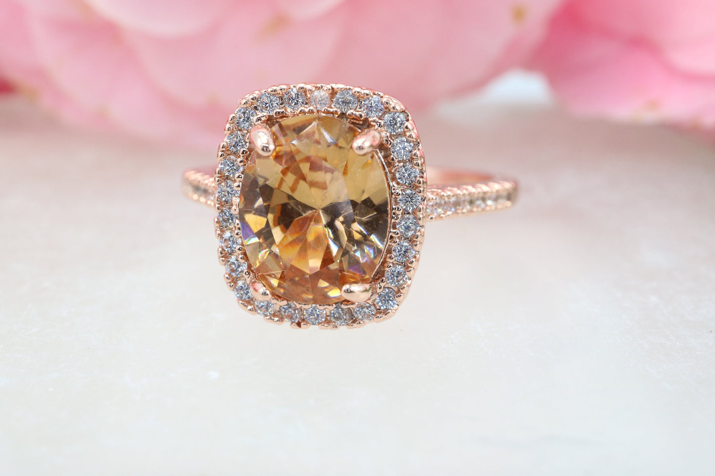 Rose gold morganite ring in solid 14k, Rose gold setting with diamond halo, Classic rose gold ring, Peach gemstone ring, Morganite ring