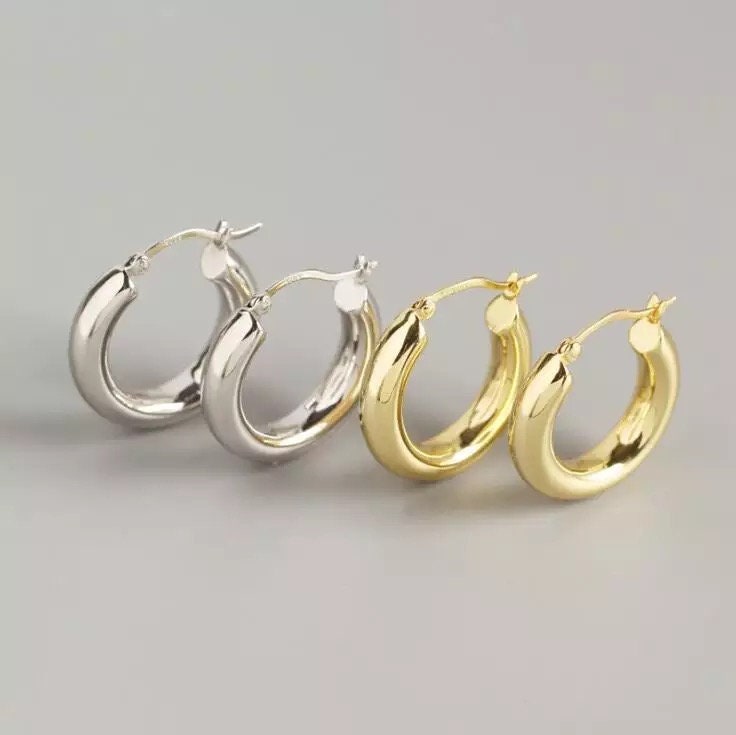 Minimal 925 Sterling Silver Women Small Hoops Chunky Wide Light Tube Thick Gold Hoop Earrings Women