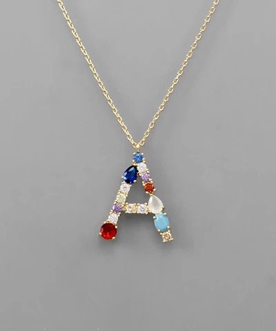 Dainty sterling silver initial letter necklace,pave tiny colorful gemstone crystal initial necklace