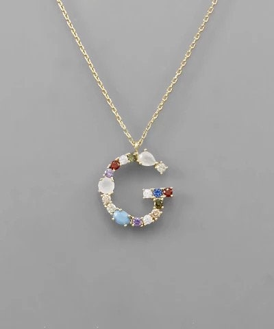 Dainty sterling silver initial letter necklace,pave tiny colorful gemstone crystal initial necklace