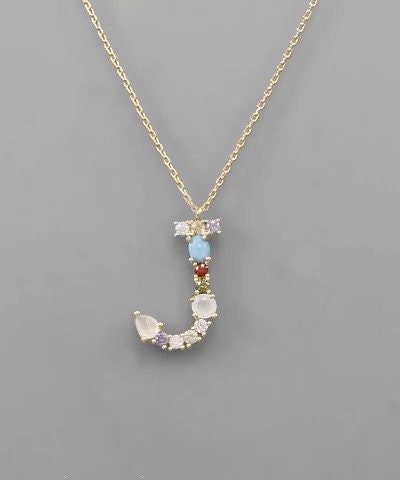 Dainty sterling silver initial letter necklace,pave tiny colorful gemstone crystal initial necklace