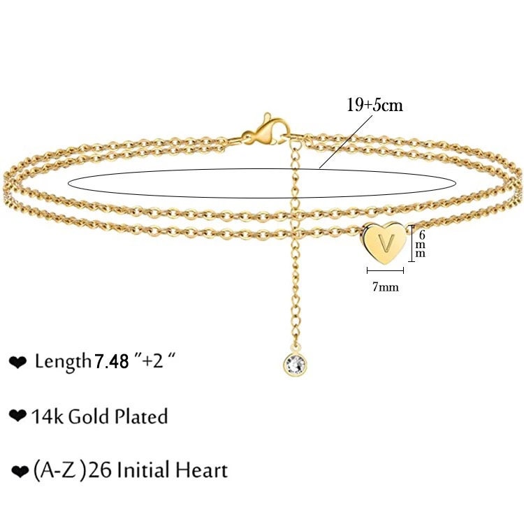 Adjustable double layer gold heart letter ankle 26 initial ankle for women