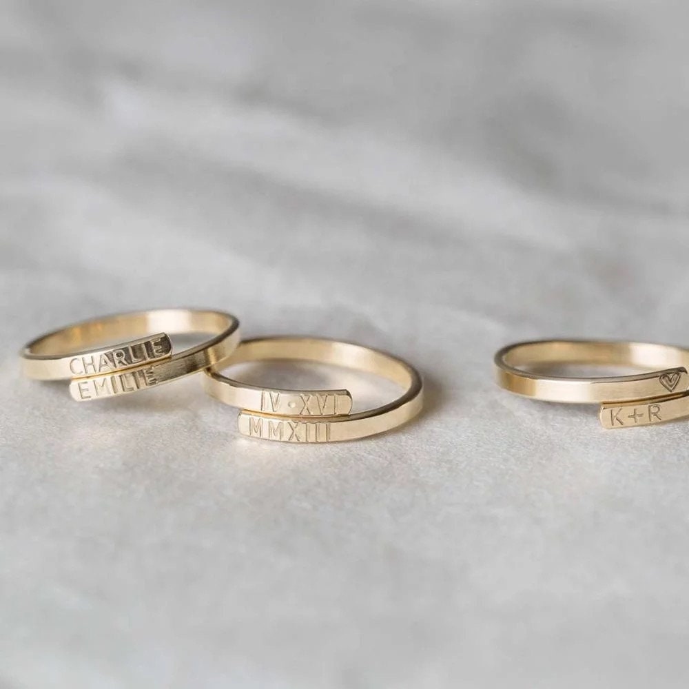 Personalized letter engraved stacking gold ring