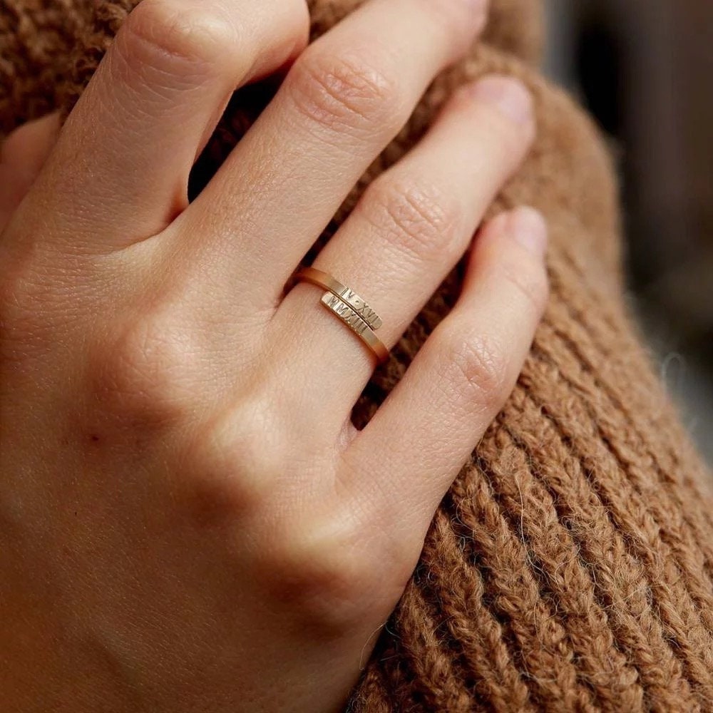 Personalized letter engraved stacking gold ring