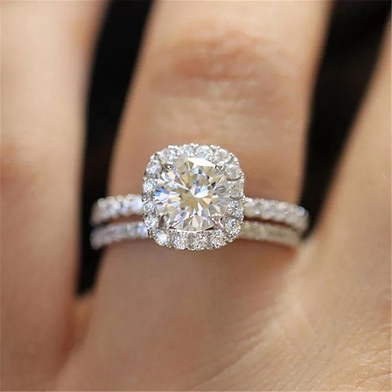 14k white gold Moissanite engagement ring set, halo moissantie bridal ring set, Wedding ring set