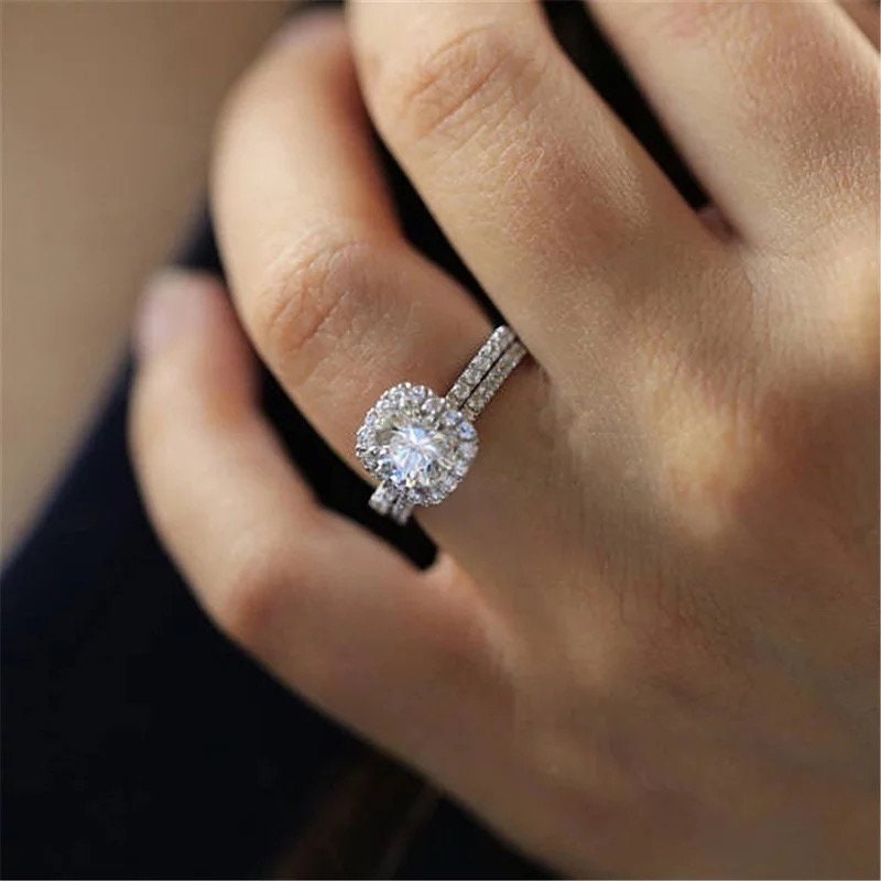 14k white gold Moissanite engagement ring set, halo moissantie bridal ring set, Wedding ring set