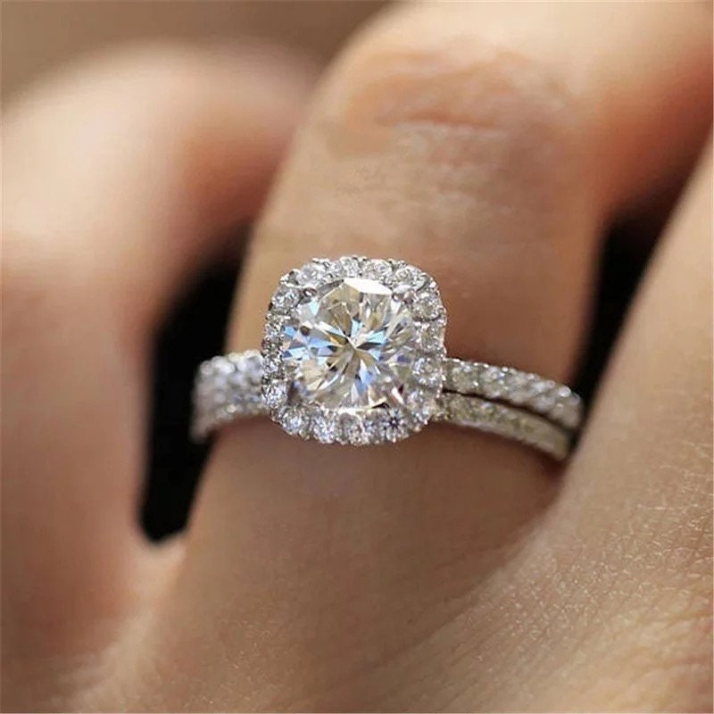 14k white gold Moissanite engagement ring set, halo moissantie bridal ring set, Wedding ring set