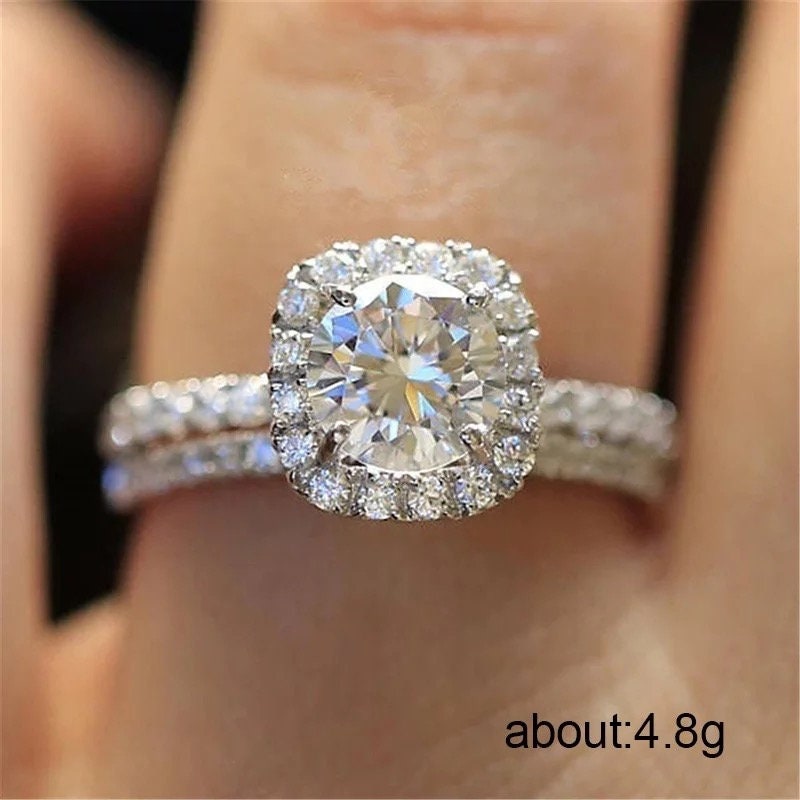 14k white gold Moissanite engagement ring set, halo moissantie bridal ring set, Wedding ring set