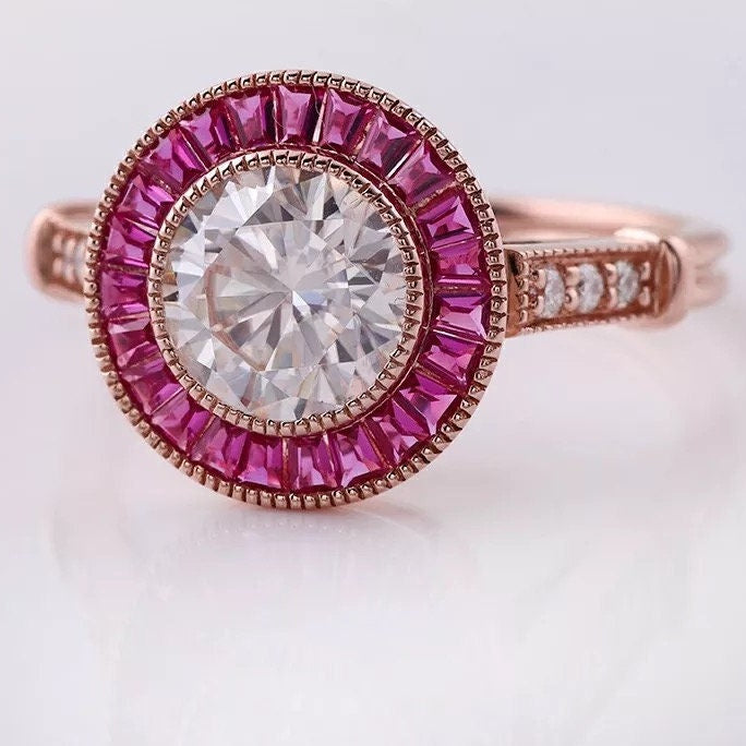 14k Rose gold with halo ruby, 1.5ct Moissanite Engagement Ring, Moissanite wedding ring