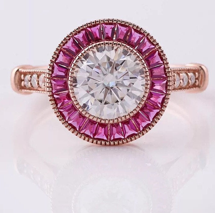 14k Rose gold with halo ruby, 1.5ct Moissanite Engagement Ring, Moissanite wedding ring