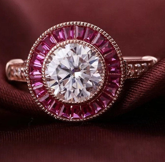 14k Rose gold with halo ruby, 1.5ct Moissanite Engagement Ring, Moissanite wedding ring