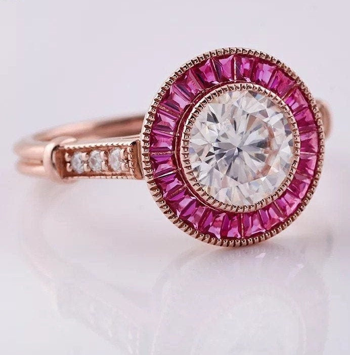 14k Rose gold with halo ruby, 1.5ct Moissanite Engagement Ring, Moissanite wedding ring