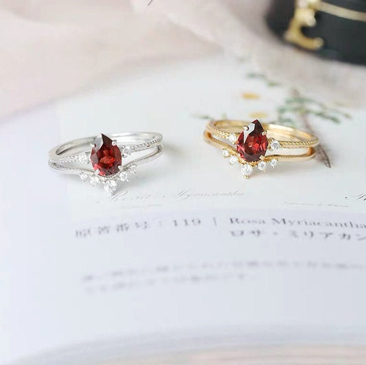 Pear shaped garnet and diamond ring, Bridal ring set, Handmade jewelrygifts for her