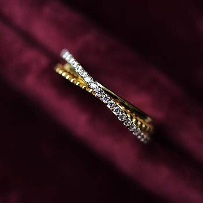 18K Gold natural diamond cross three rings, One simple row diamond stacking slim ring, Anniversary ring