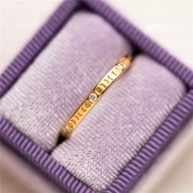 925 Sterling silver full moon ring, diamonds thin wedding band, gold ring