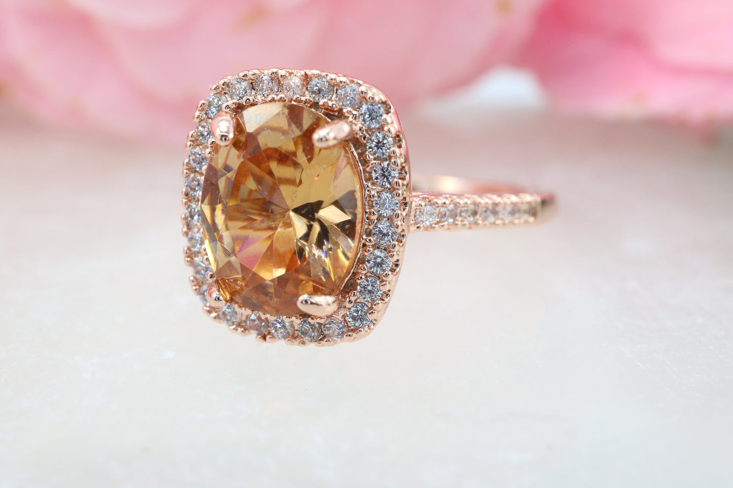 Rose gold morganite ring in solid 14k, Rose gold setting with diamond halo, Classic rose gold ring, Peach gemstone ring, Morganite ring