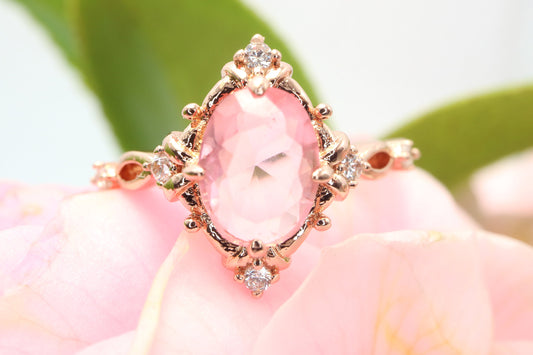 Art Deco vintage diamond engagement ring, oval cut art deco ring, Rose gold  tourmaline  diamond ring,  cluster ring, wedding ring