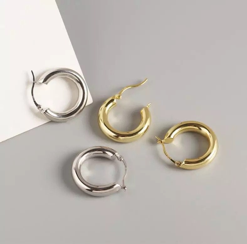 Minimal 925 Sterling Silver Women Small Hoops Chunky Wide Light Tube Thick Gold Hoop Earrings Women