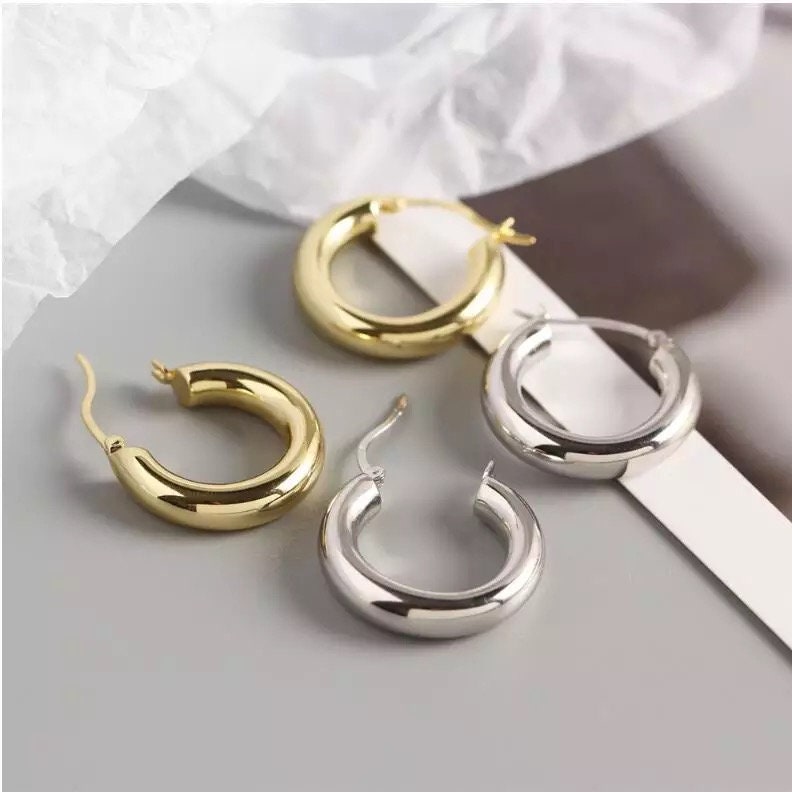 Minimal 925 Sterling Silver Women Small Hoops Chunky Wide Light Tube Thick Gold Hoop Earrings Women