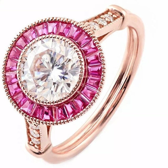 14k Rose gold with halo ruby, 1.5ct Moissanite Engagement Ring, Moissanite wedding ring