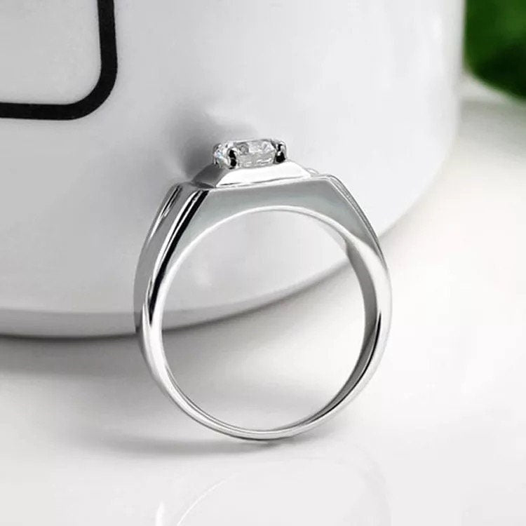 14k Solid white gold moissanite men ring, Round brilliant cut moissanite ring, 0.25 Carat moissanite men ring