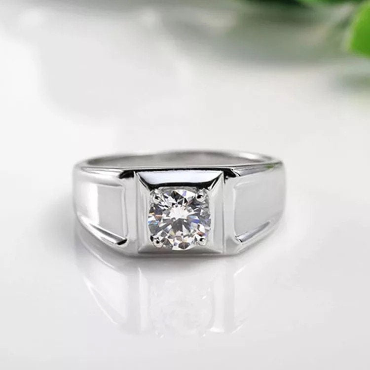 14k Solid white gold moissanite men ring, Round brilliant cut moissanite ring, 0.25 Carat moissanite men ring