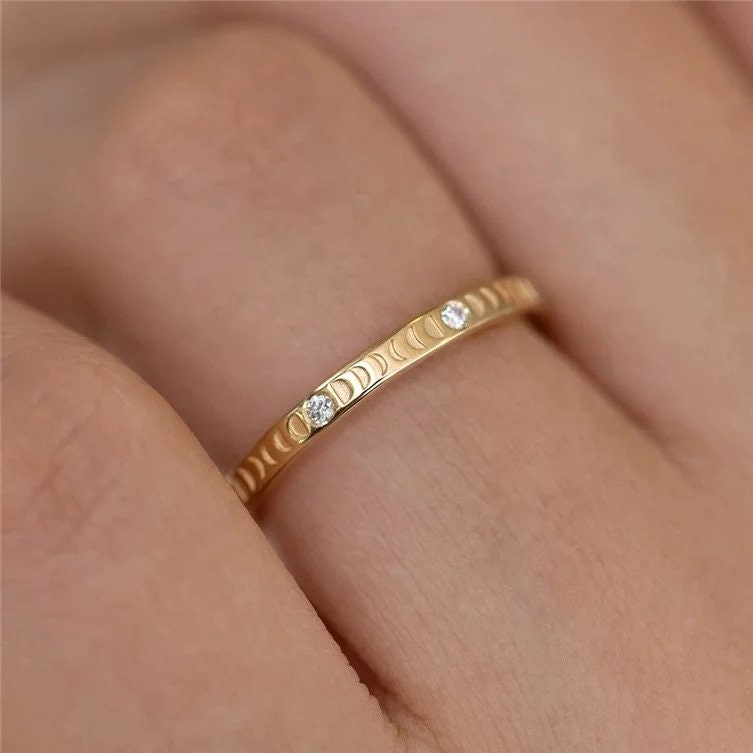 925 Sterling silver full moon ring, diamonds thin wedding band, gold ring