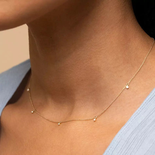 Sterling silver diamond station necklace, In stock, 14k gold plated five charms choker necklace for women