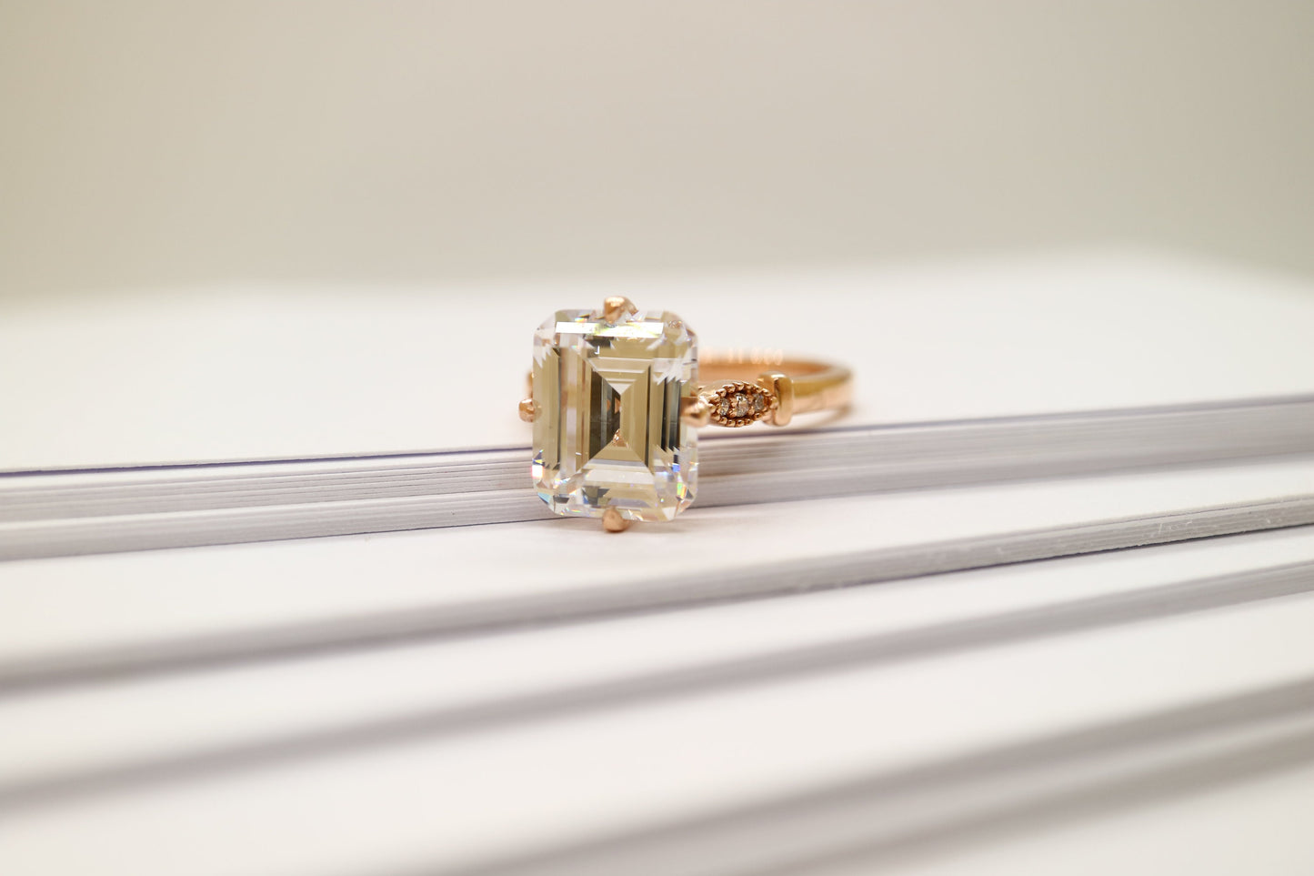 4ct Moissanite emerald cut enagement ring, Art deco engagement ring, 14k Rose gold vintage engagement ring, Wedding ring