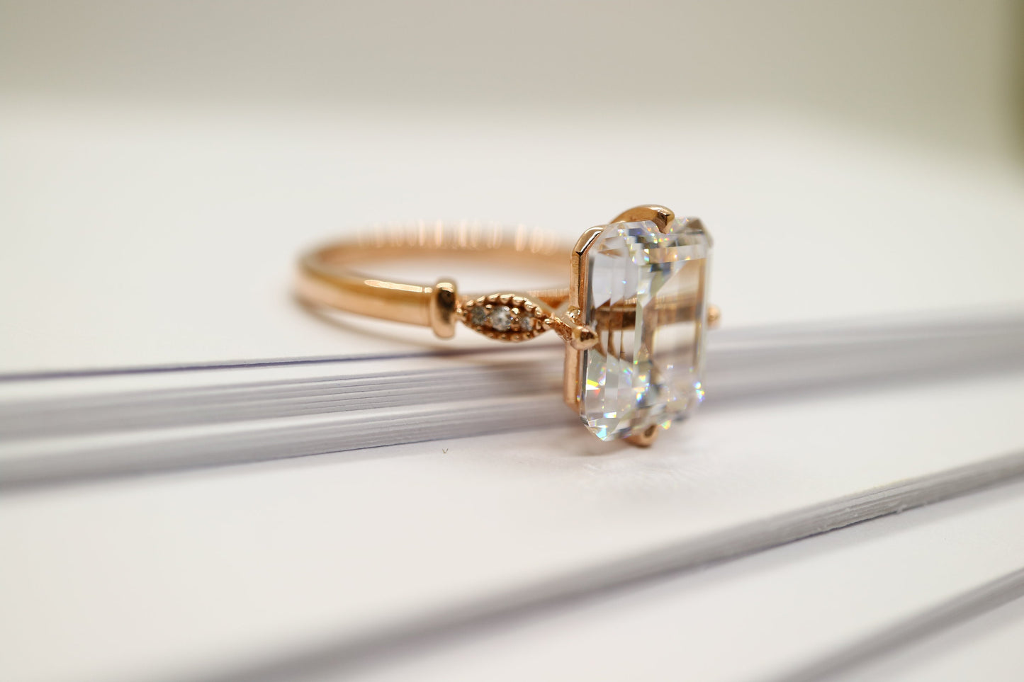 4ct Moissanite emerald cut enagement ring, Art deco engagement ring, 14k Rose gold vintage engagement ring, Wedding ring