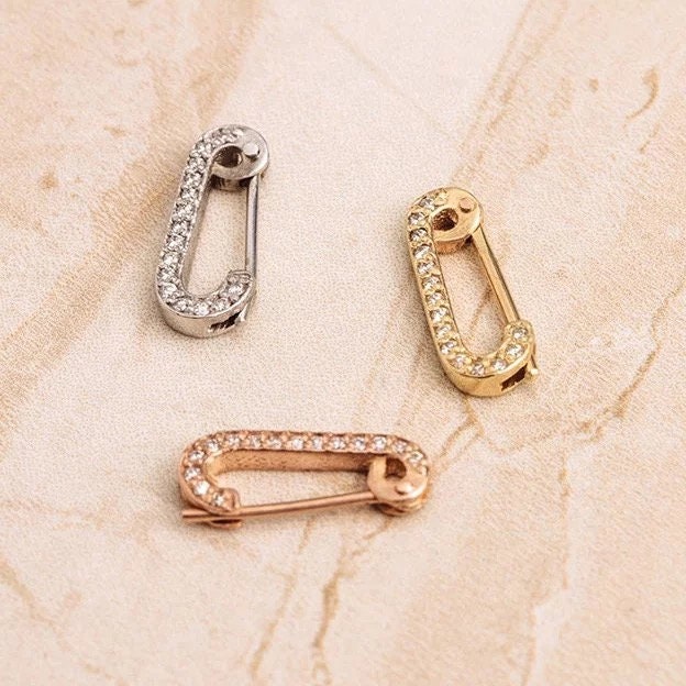 925 sterling silver 18k gold plated earring, Vermeil delicate Pave CZ diamond earring, Safety pin small huggie  earring