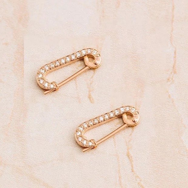 925 sterling silver 18k gold plated earring, Vermeil delicate Pave CZ diamond earring, Safety pin small huggie  earring