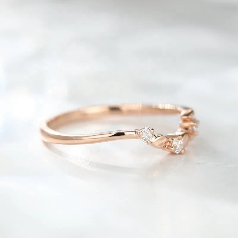 14k rose gold art deco curved wedding band, Women leaf design ring