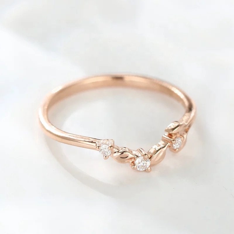 14k rose gold art deco curved wedding band, Women leaf design ring