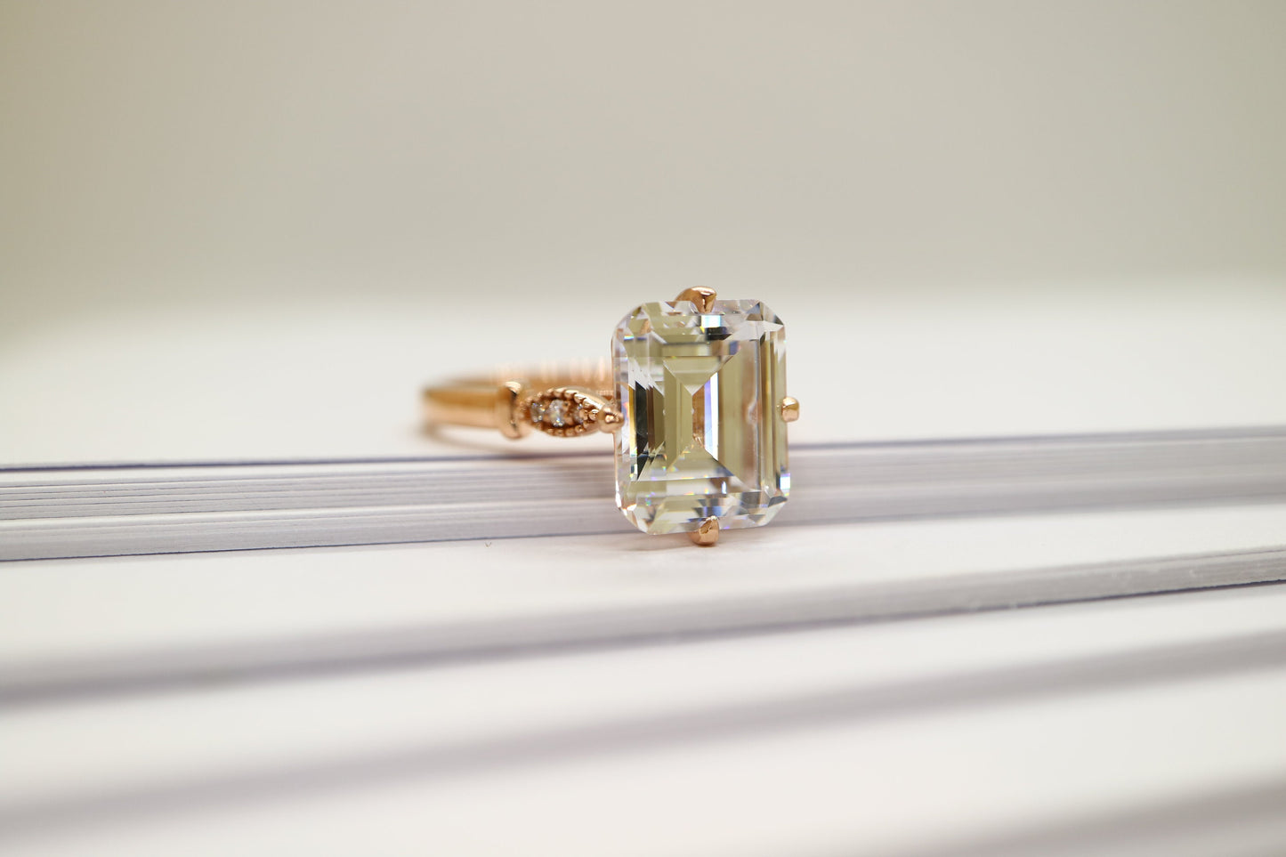 4ct Moissanite emerald cut enagement ring, Art deco engagement ring, 14k Rose gold vintage engagement ring, Wedding ring