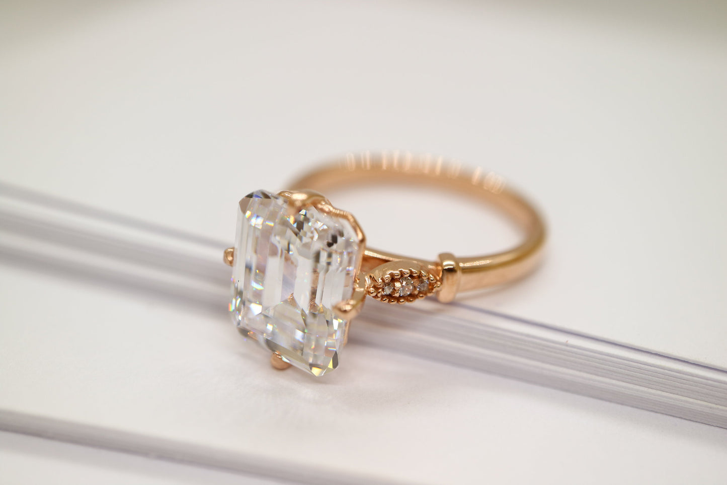 4ct Moissanite emerald cut enagement ring, Art deco engagement ring, 14k Rose gold vintage engagement ring, Wedding ring