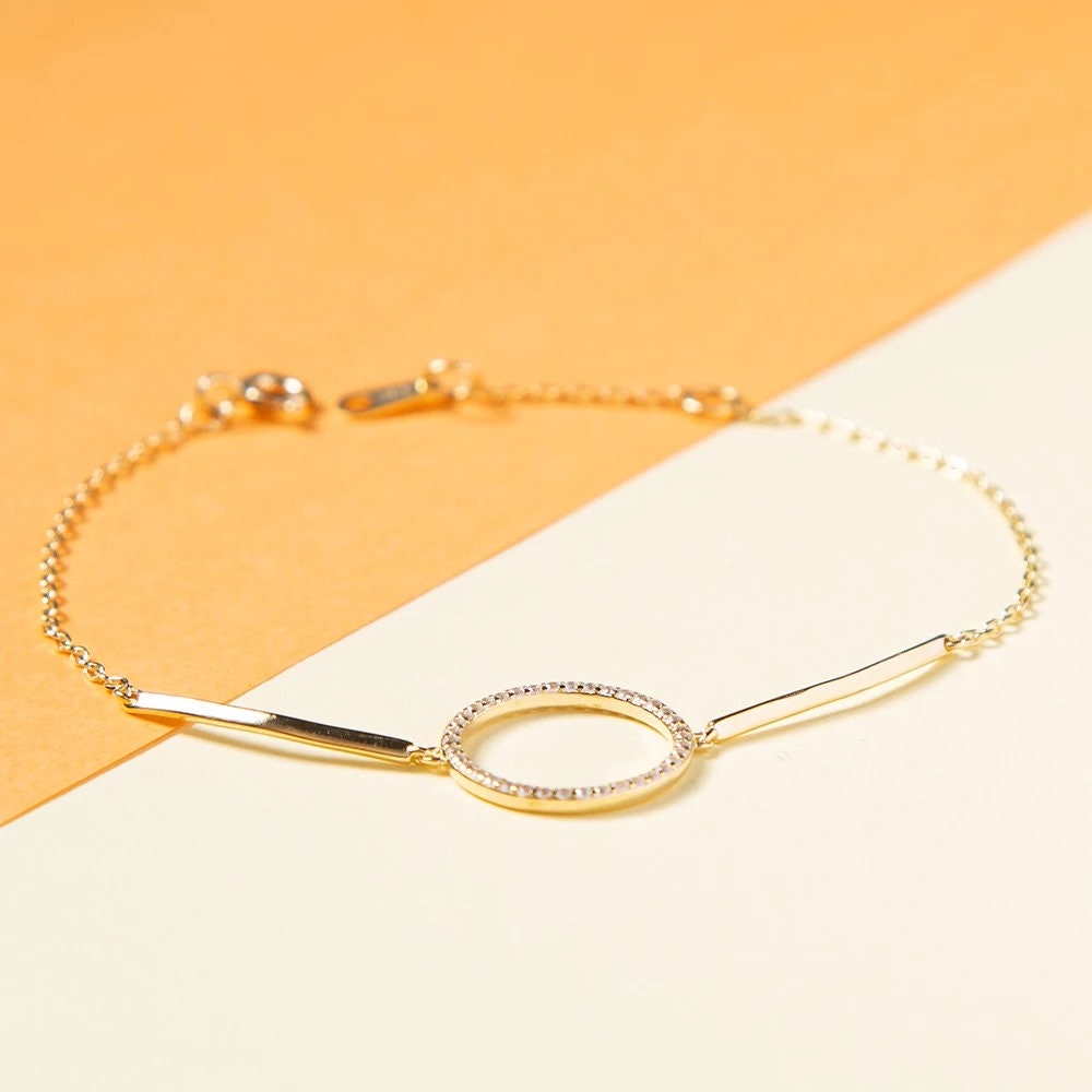 Pave zircon Loop charm with  925 sterling silver bracelet, Gold plated chain Adjustable bracelet  for girls