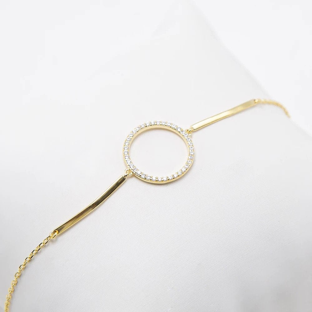 Pave zircon Loop charm with  925 sterling silver bracelet, Gold plated chain Adjustable bracelet  for girls