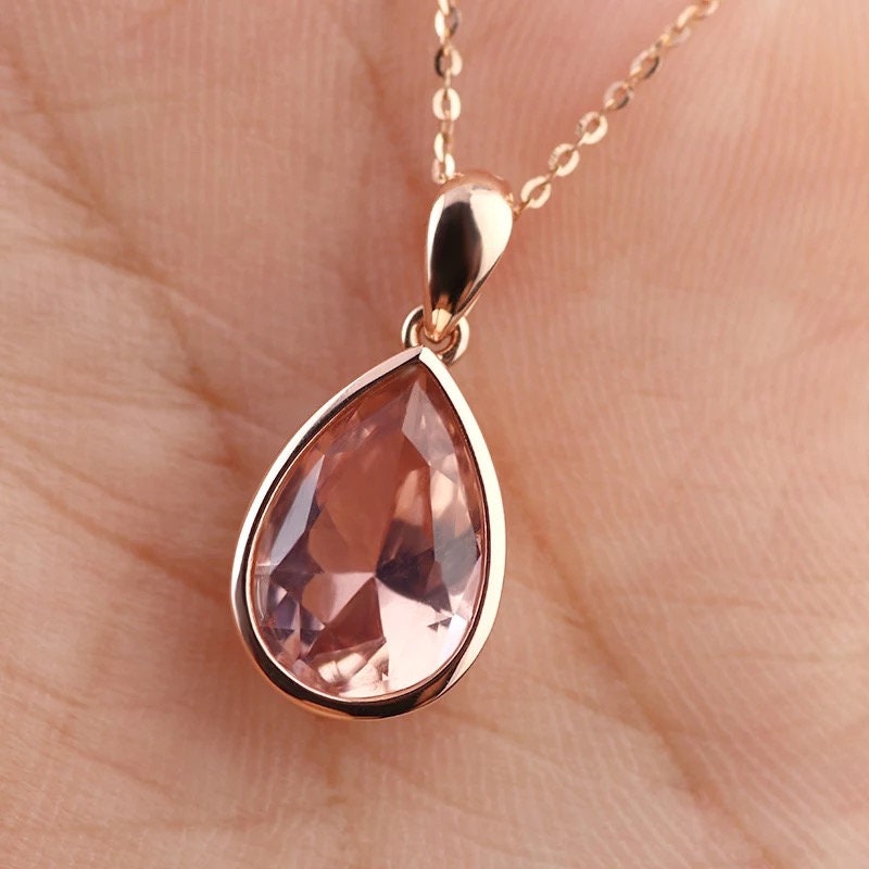 14k gold pendent pear shaped morganite pendent, Bezel setting pendent for women