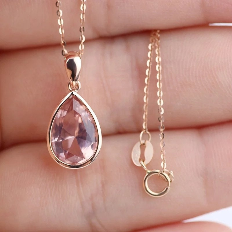 14k gold pendent pear shaped morganite pendent, Bezel setting pendent for women